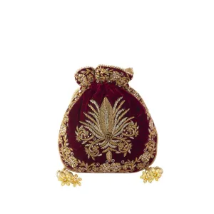 Adora By Ankita Maroon Velvet Fleur De Lis Bag