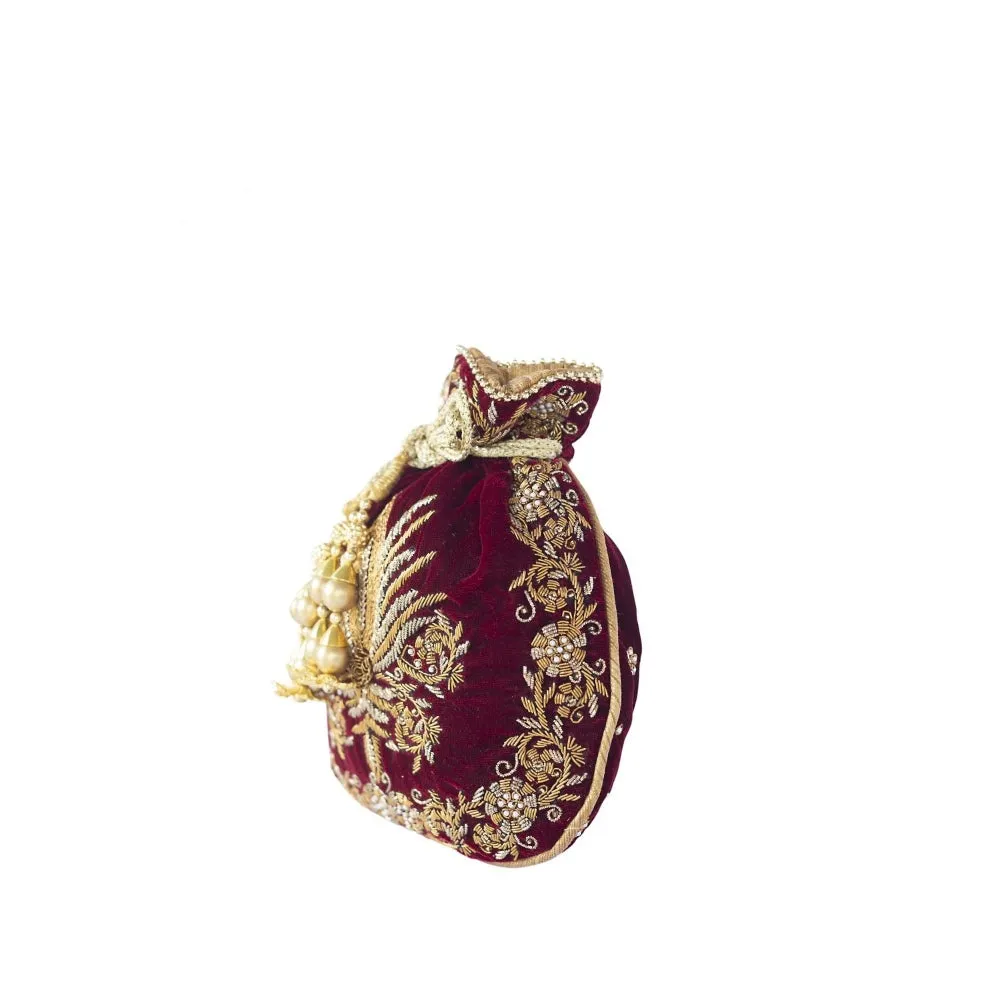 Adora By Ankita Maroon Velvet Fleur De Lis Bag