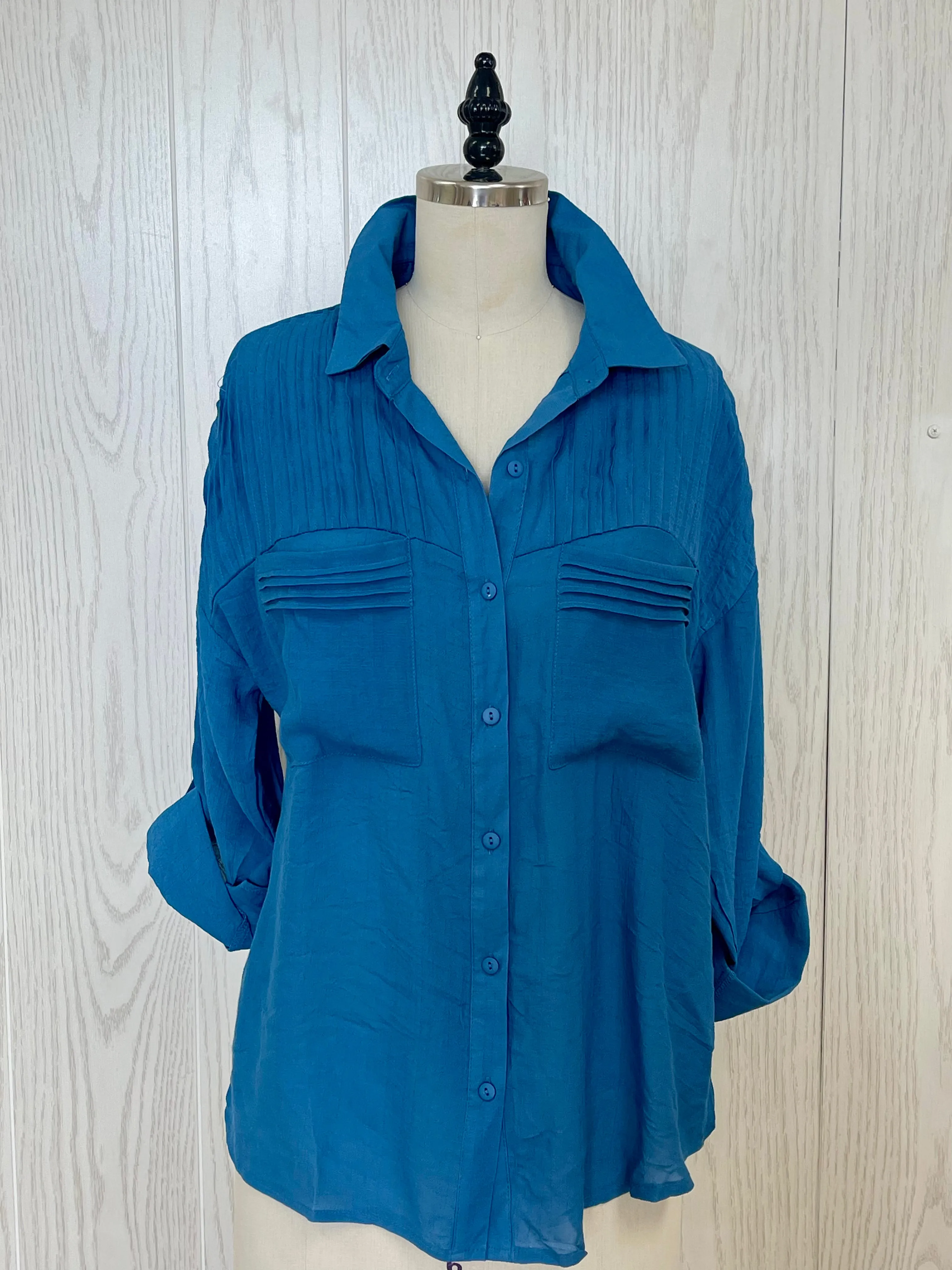 Blue Pleated Detail Blouse