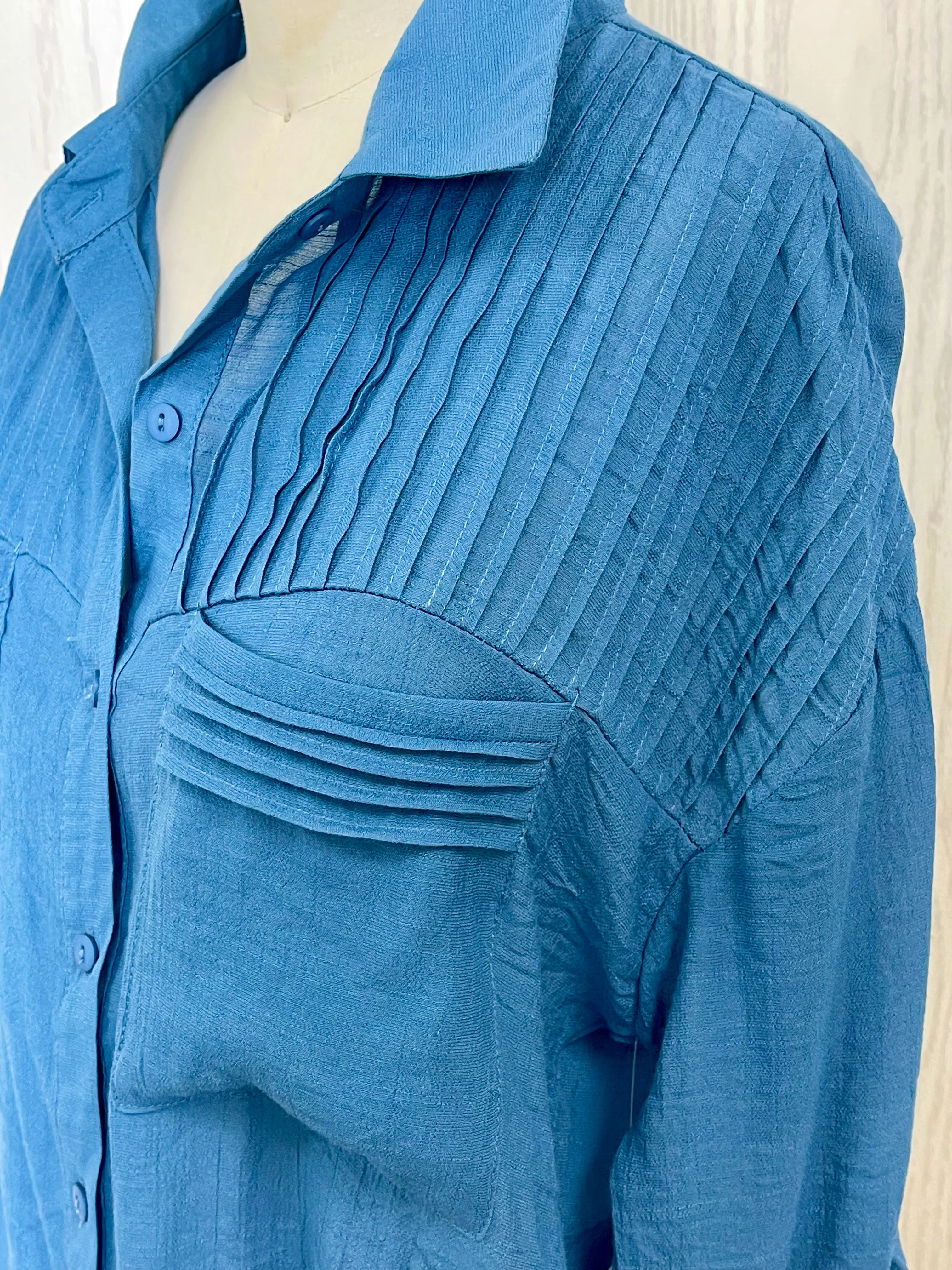 Blue Pleated Detail Blouse
