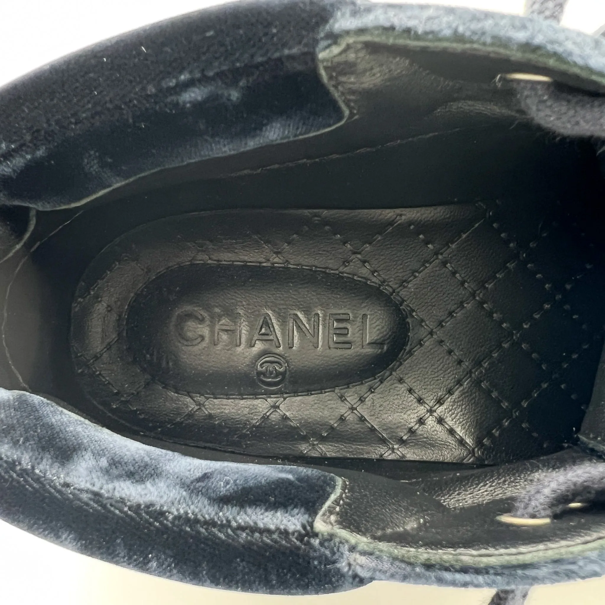 Chanel Navy Blue Velvet & Silver Rubber CC High Top Sneakers EU38 ~ AU7 ~ US7