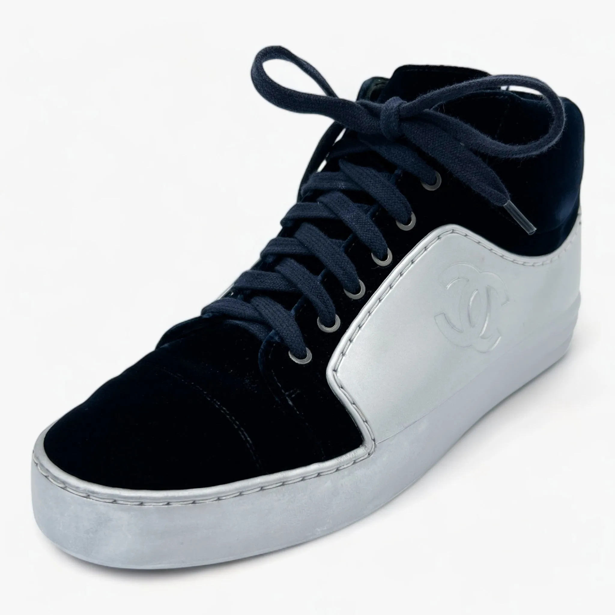 Chanel Navy Blue Velvet & Silver Rubber CC High Top Sneakers EU38 ~ AU7 ~ US7