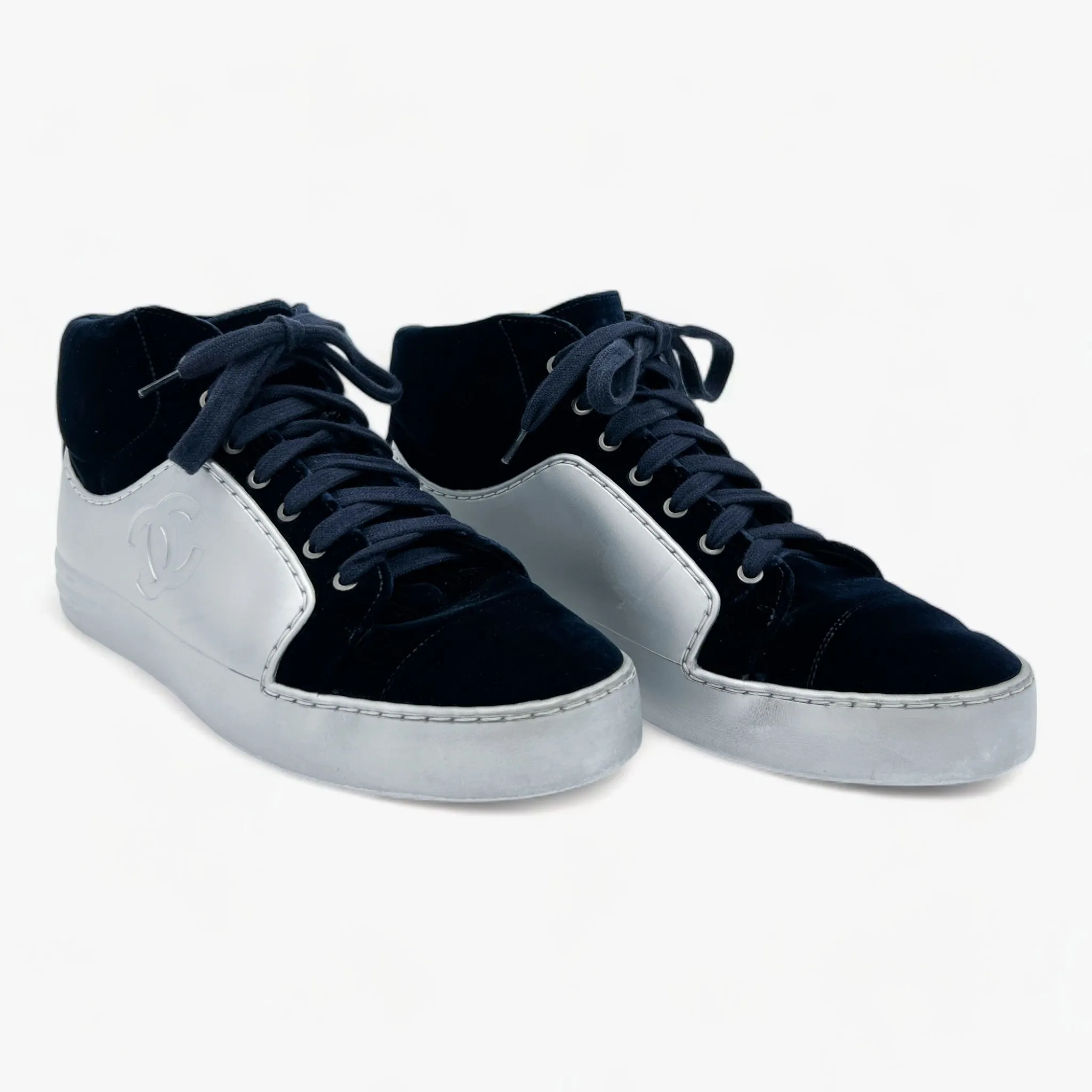 Chanel Navy Blue Velvet & Silver Rubber CC High Top Sneakers EU38 ~ AU7 ~ US7
