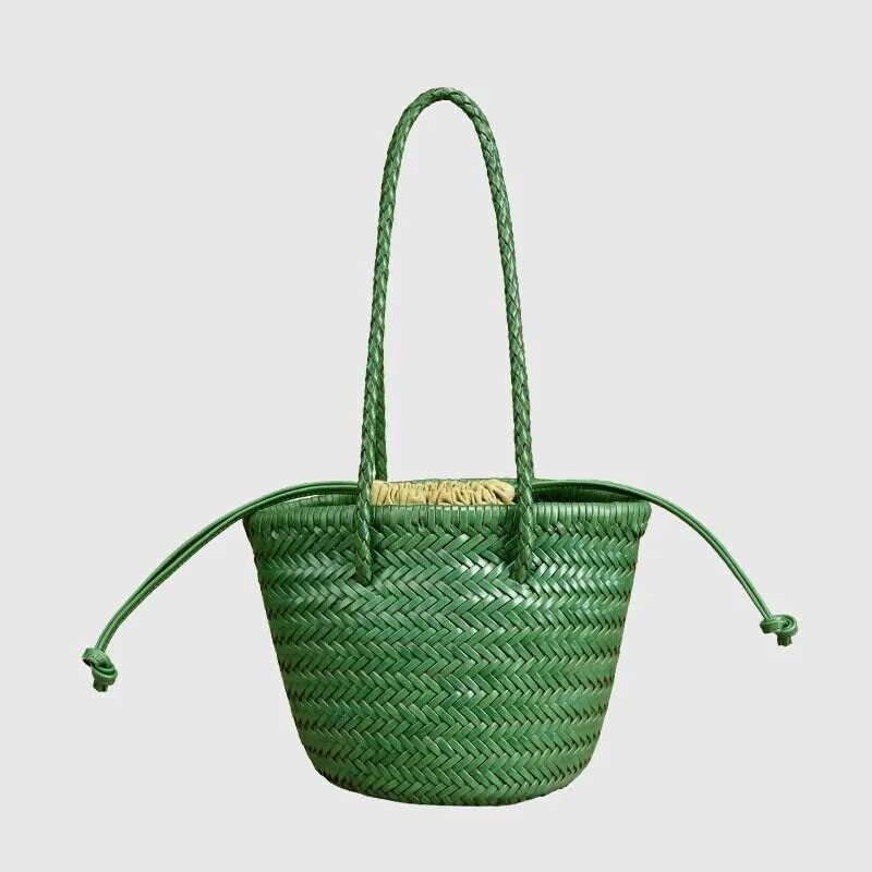 Cowhide Leather Hand Woven Bucket Bag | Open Rattan Woven Triple Jump Bamboo Ladies Hobo Holiday Bag | Weekend Basket Bag | Small Beach Bag