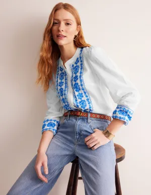 Embroidered Cotton Top-White, Indigo Bunting