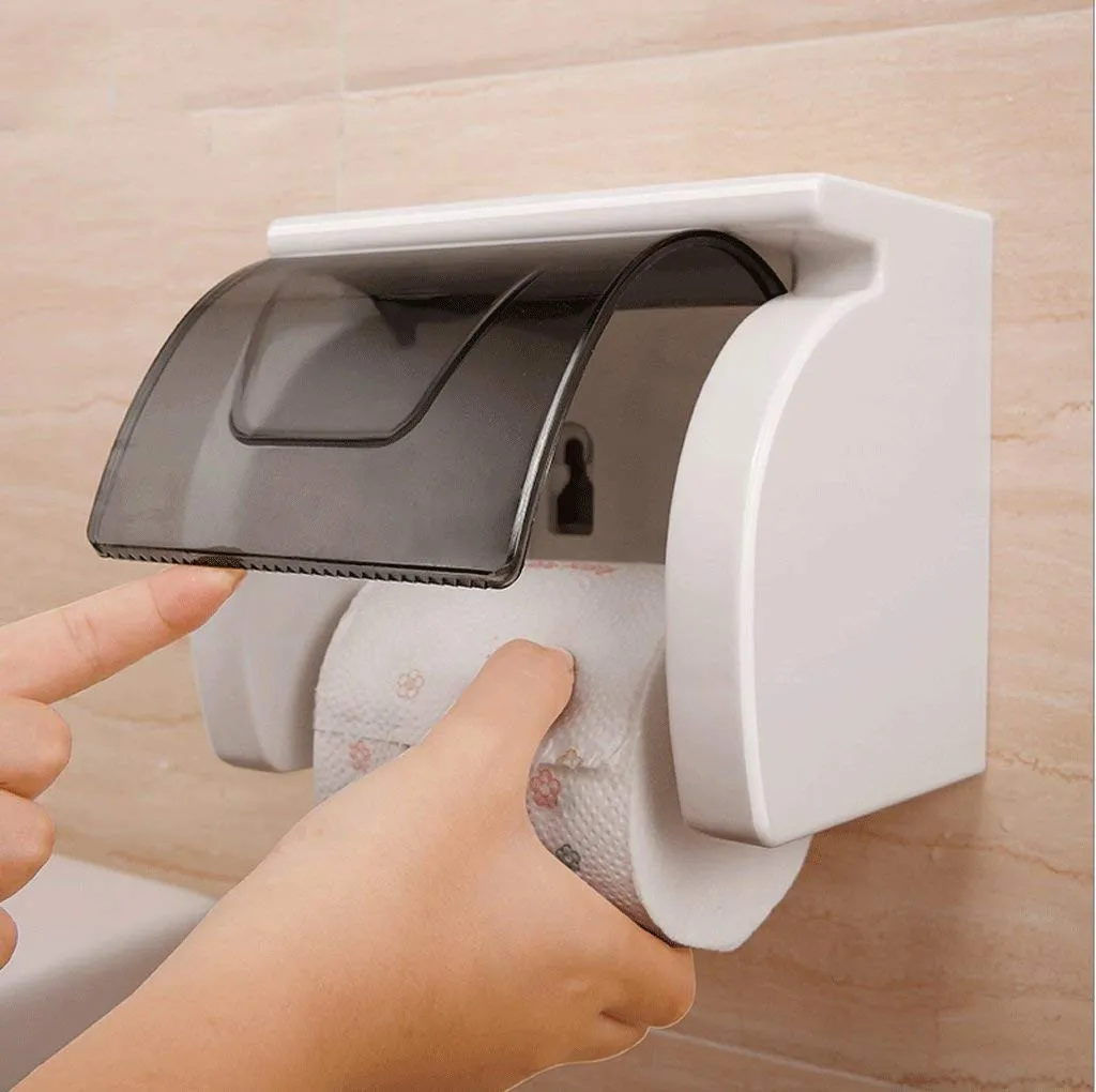 Fabware Self Adhesive Toilet Roll Paper Holder for Bathroom, Tissue Holder for Bathroom, No Drill No Hole Magic Sticker Wall Mount Holder with Transparent Cover Space Saving Bathroom Accessories.