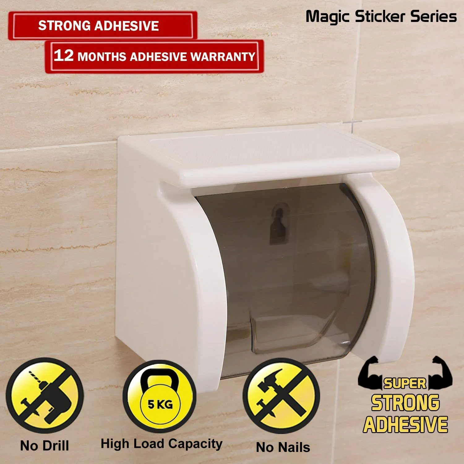Fabware Self Adhesive Toilet Roll Paper Holder for Bathroom, Tissue Holder for Bathroom, No Drill No Hole Magic Sticker Wall Mount Holder with Transparent Cover Space Saving Bathroom Accessories.