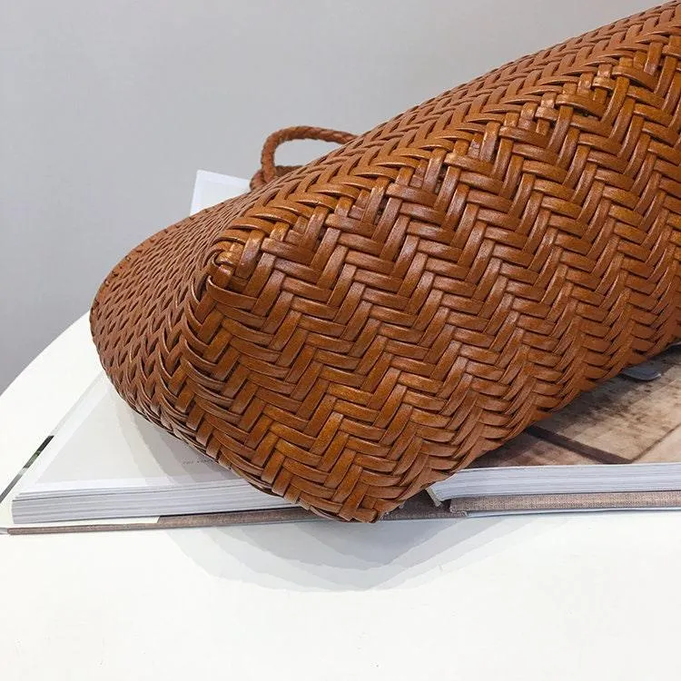 Leather Handbag Genuine Leather Bag Woven Leather Handbag | Hand Woven Triple Jump Bamboo Style Ladies Hobo Holiday Bag, Weekend Basket Bag