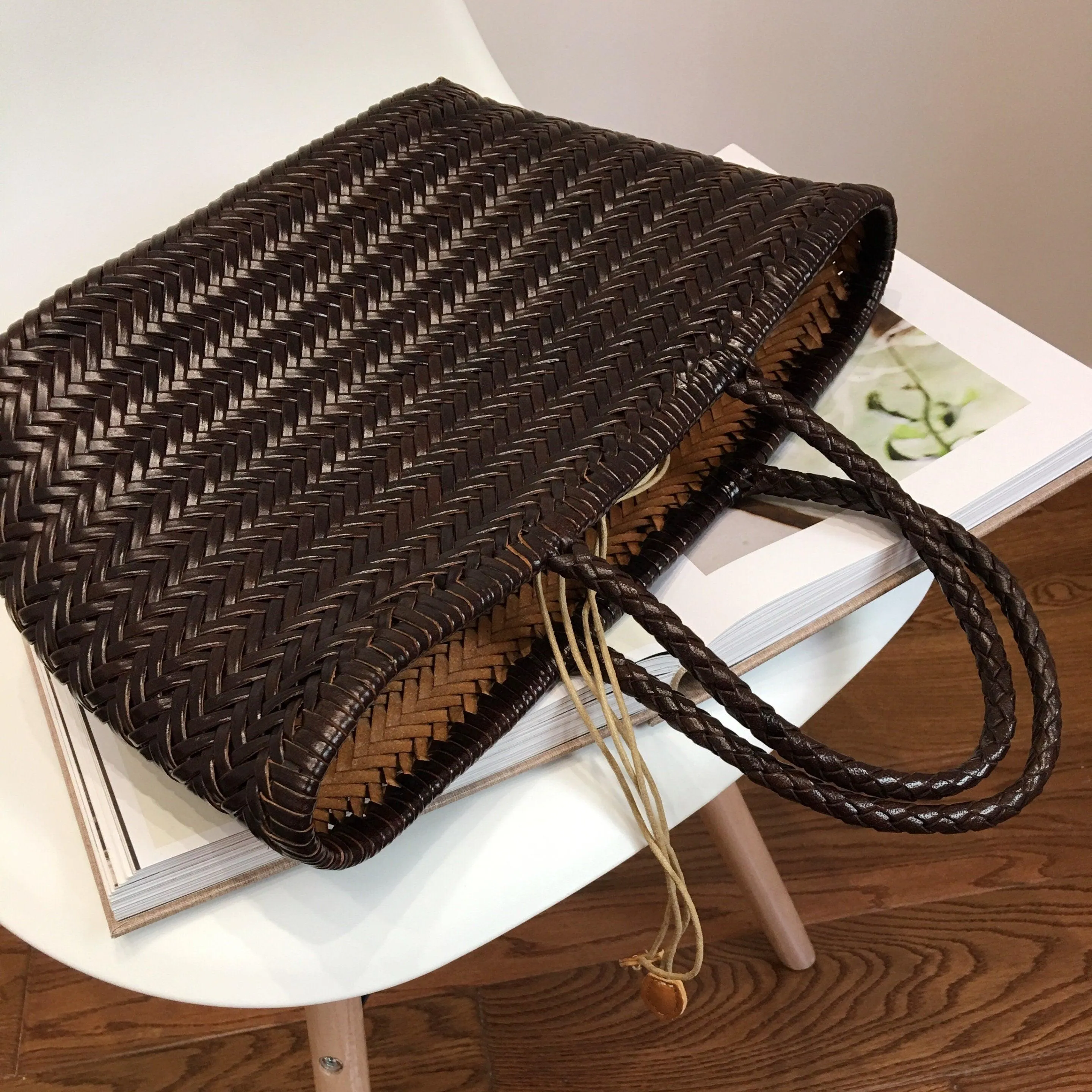 Leather Handbag Genuine Leather Bag Woven Leather Handbag | Hand Woven Triple Jump Bamboo Style Ladies Hobo Holiday Bag, Weekend Basket Bag
