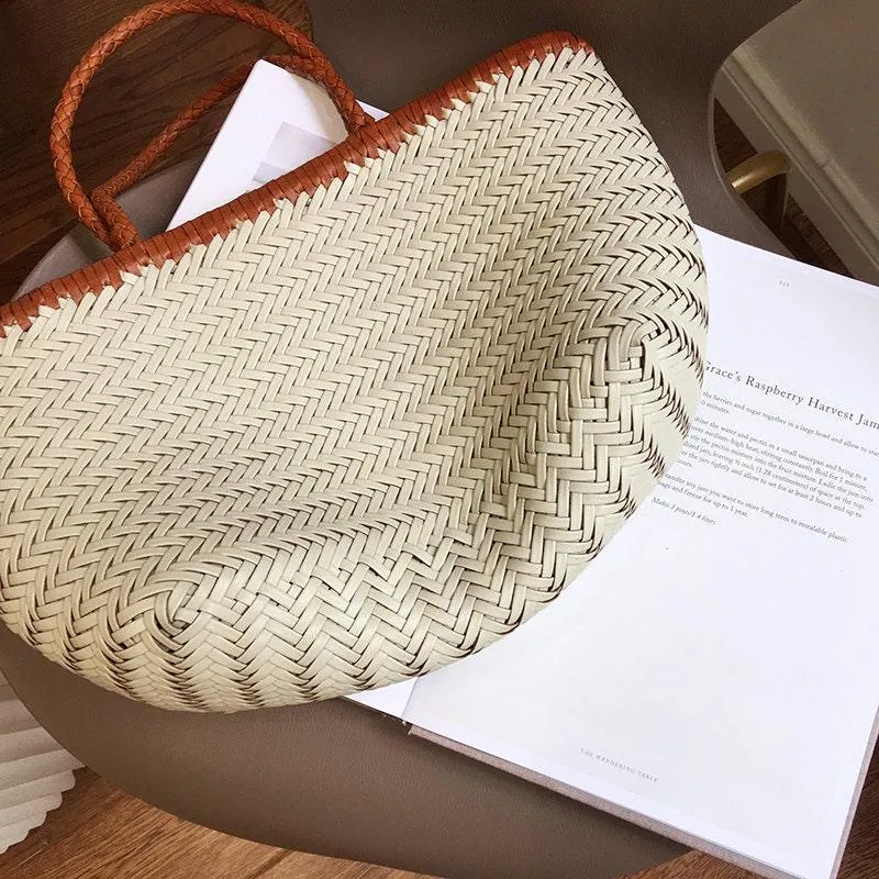 Leather Handbag Genuine Leather Bag Woven Leather Handbag | Hand Woven Triple Jump Bamboo Style Ladies Hobo Holiday Bag, Weekend Basket Bag