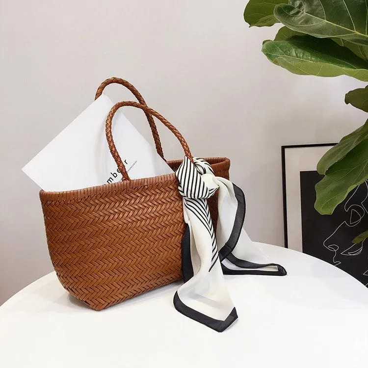 Leather Handbag Genuine Leather Bag Woven Leather Handbag | Hand Woven Triple Jump Bamboo Style Ladies Hobo Holiday Bag, Weekend Basket Bag