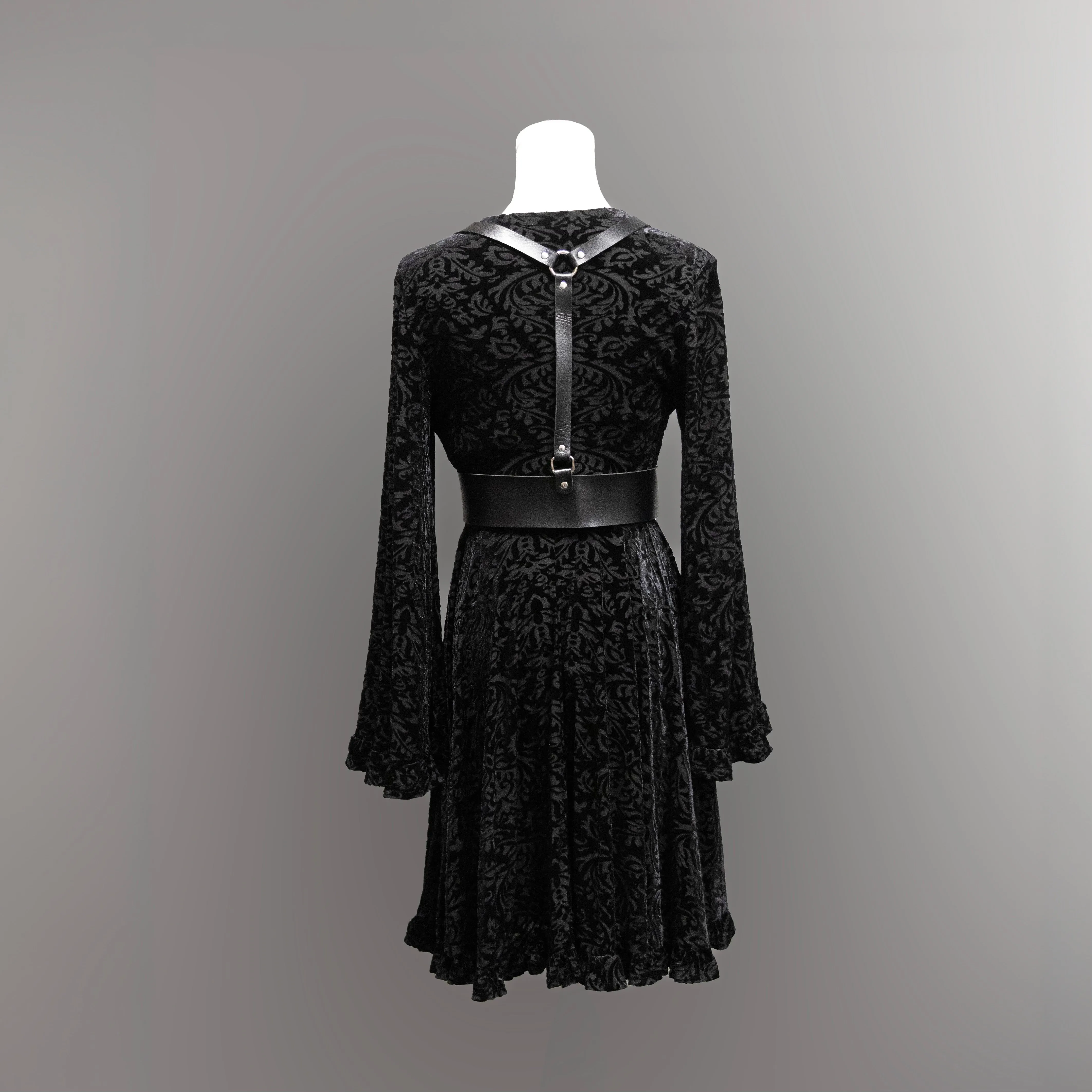 Nyx - Bell Sleeved Velvet Damask Dress with Harness