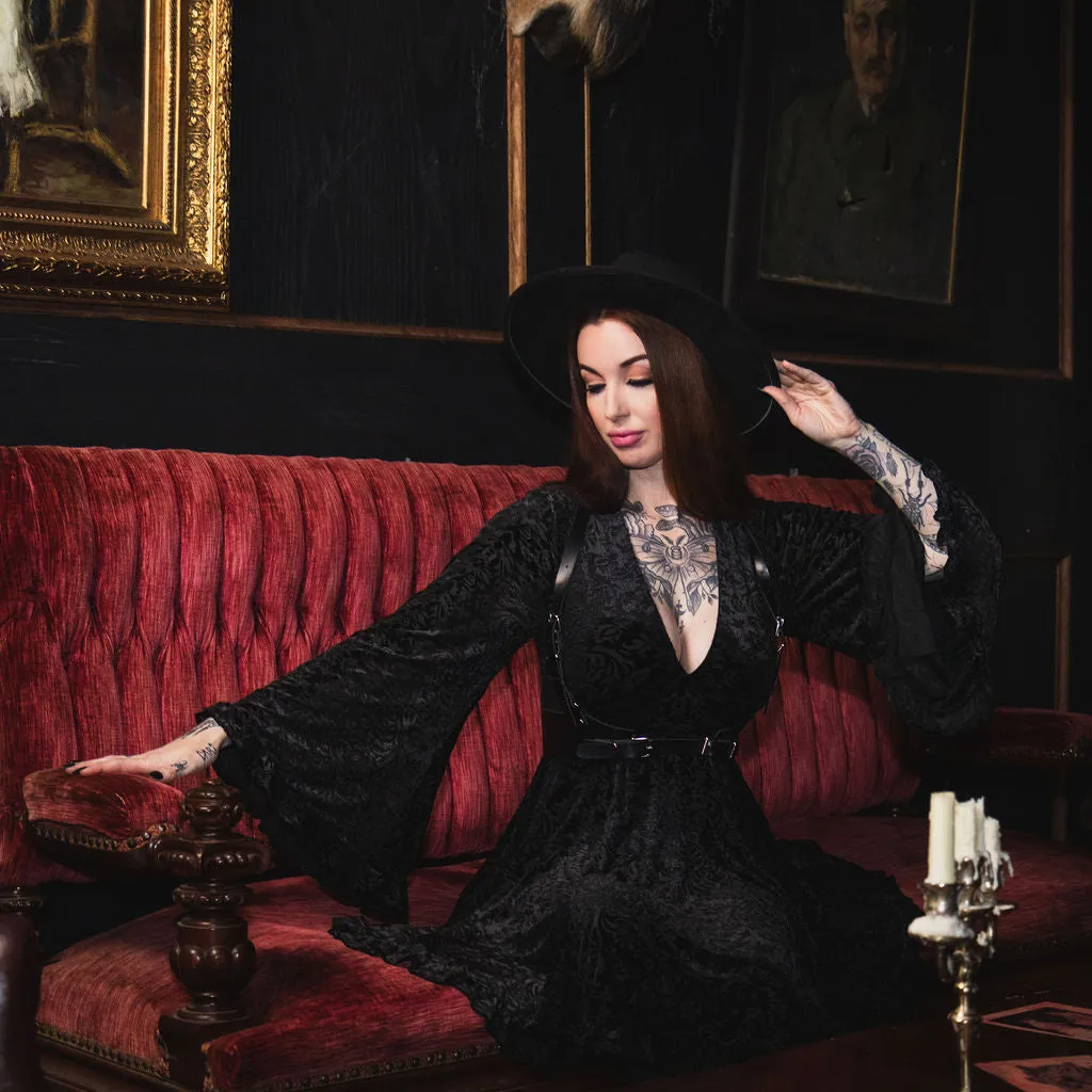 Nyx - Bell Sleeved Velvet Damask Dress with Harness