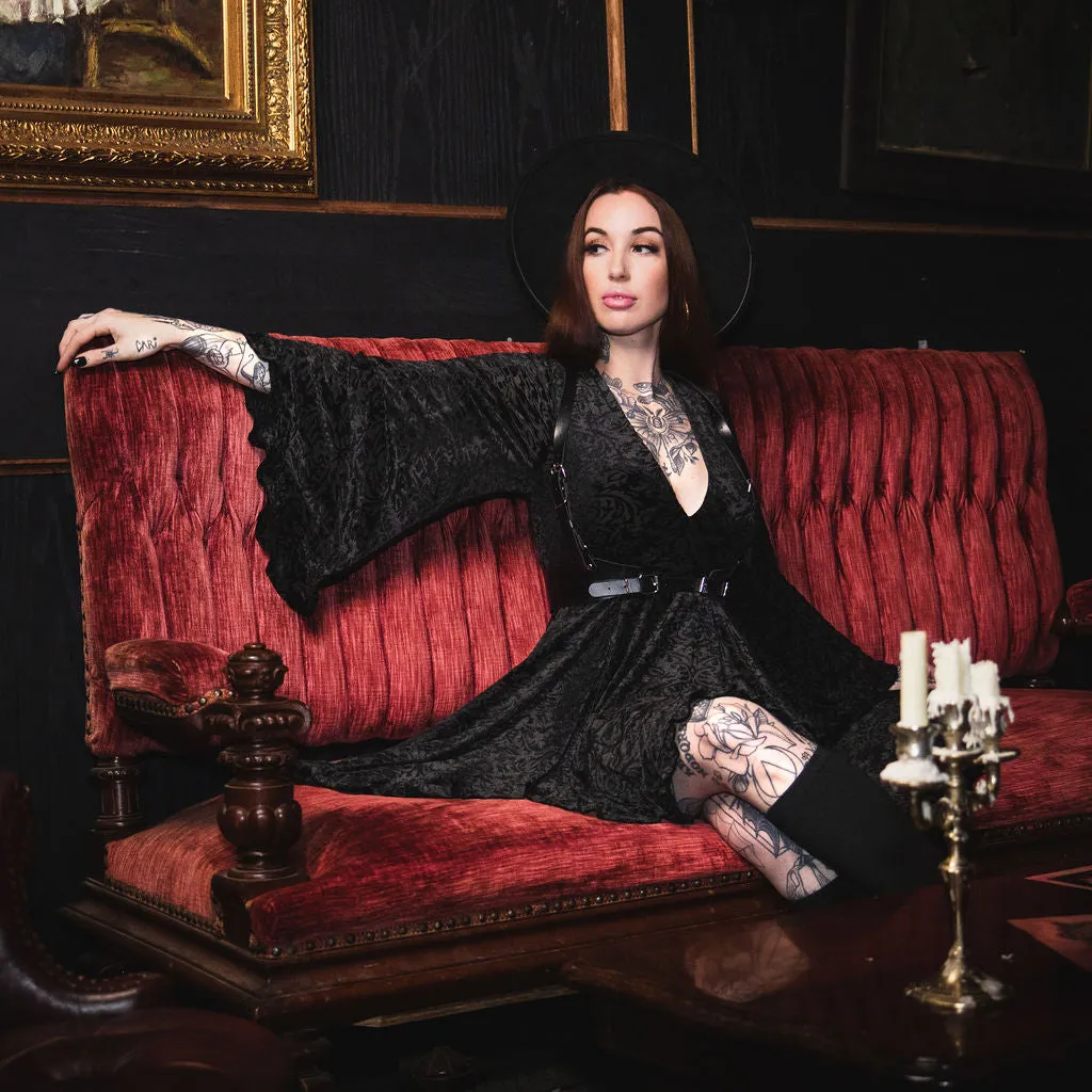 Nyx - Bell Sleeved Velvet Damask Dress with Harness