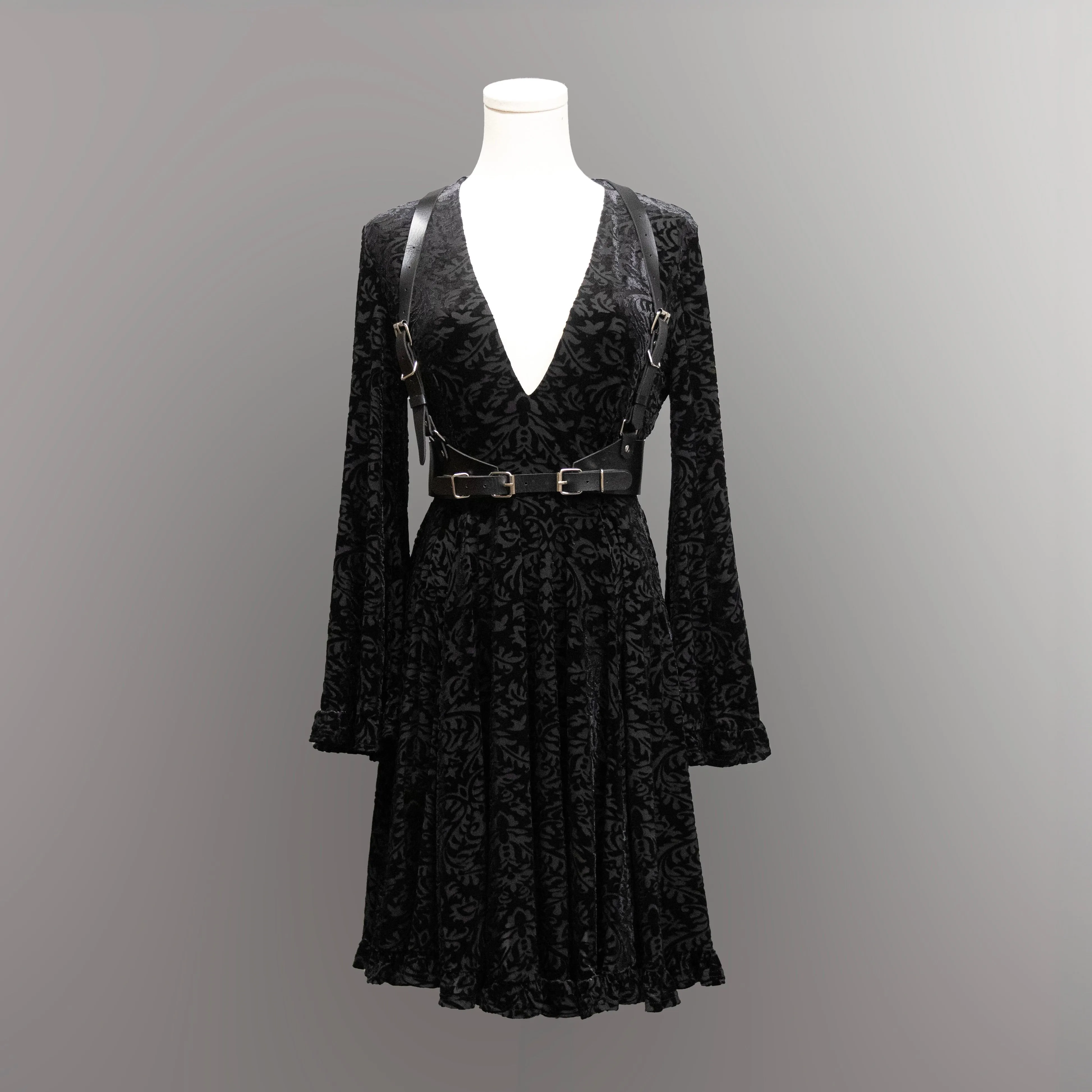 Nyx - Bell Sleeved Velvet Damask Dress with Harness