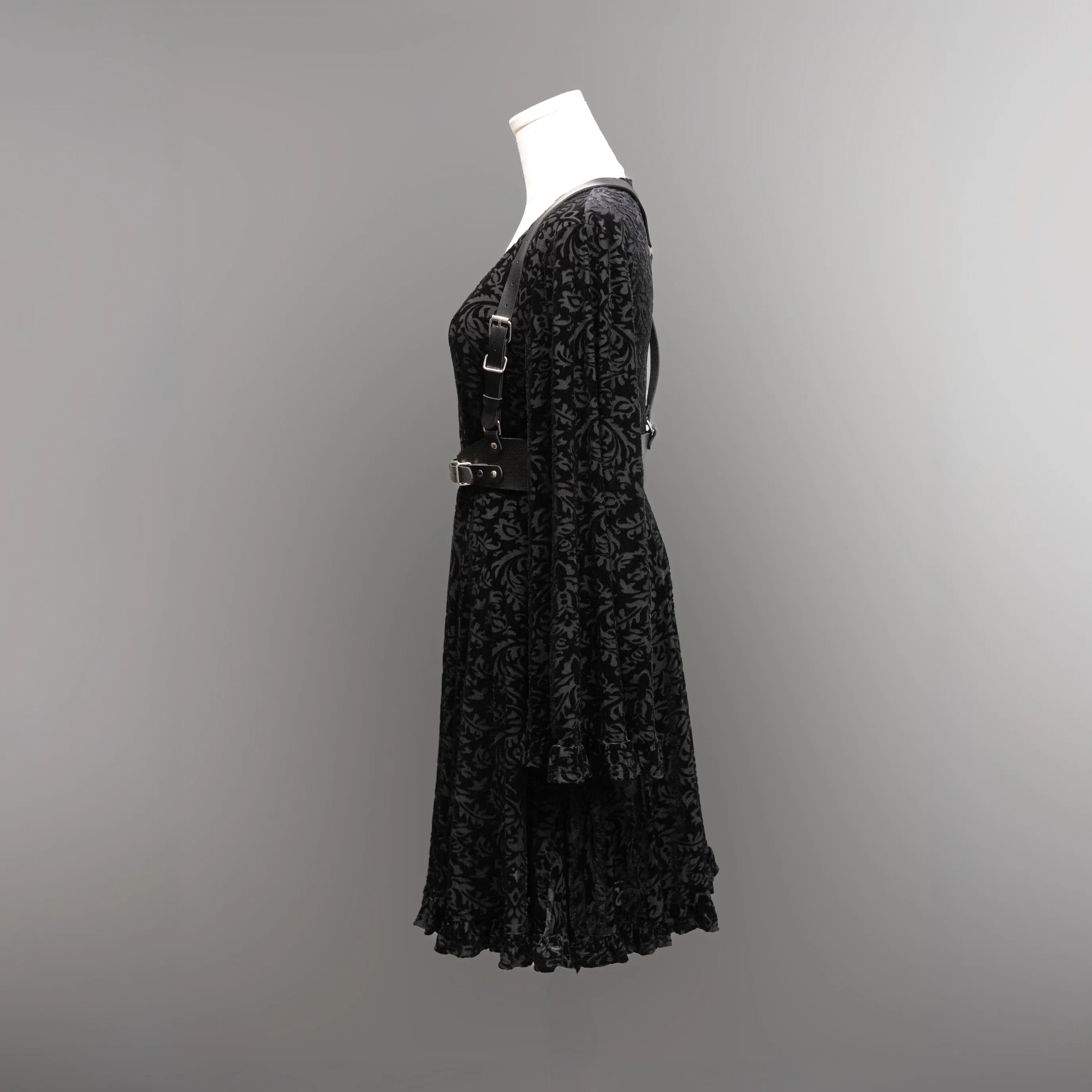 Nyx - Bell Sleeved Velvet Damask Dress with Harness