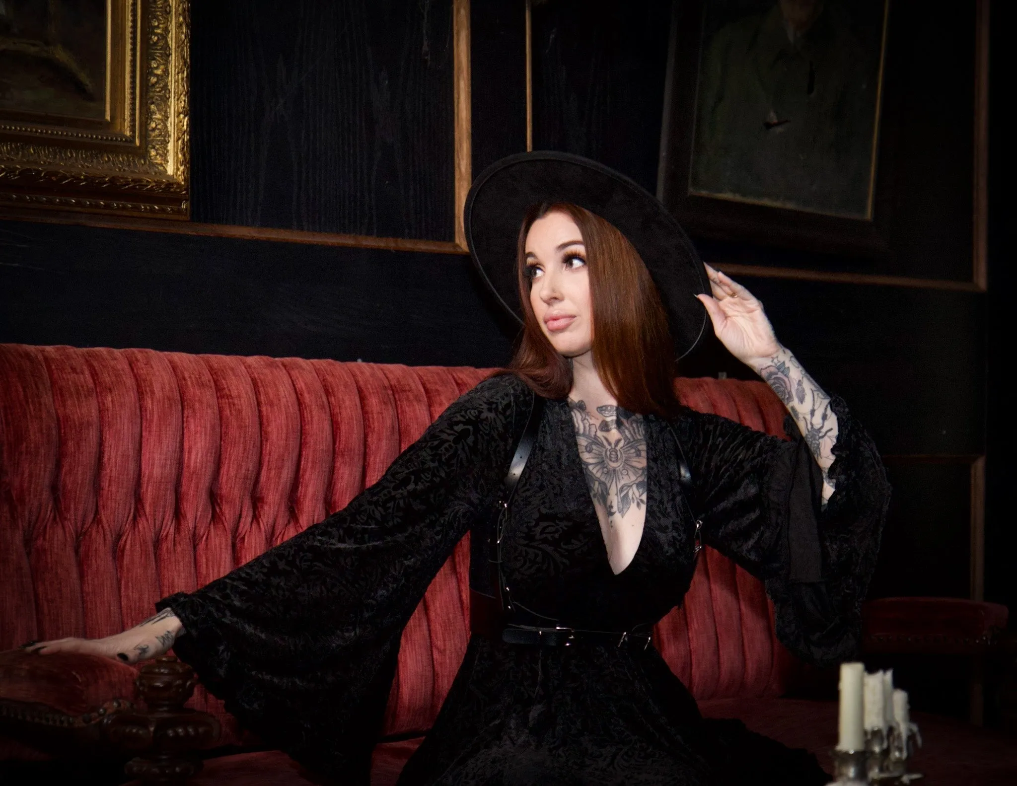 Nyx - Bell Sleeved Velvet Damask Dress with Harness