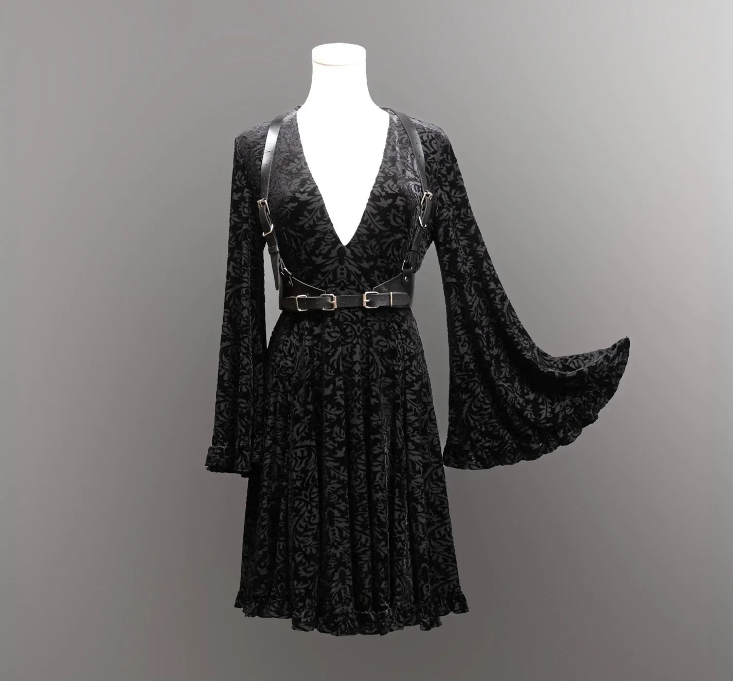 Nyx - Bell Sleeved Velvet Damask Dress with Harness