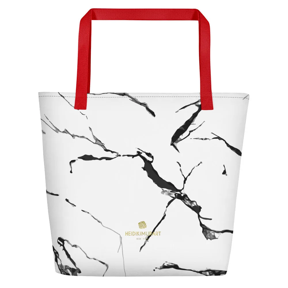 White Marble Tote Bag, Marbled Print Best 16"x20" Large Beach Tote Bag With Inside Pocket-Made in USA/EU