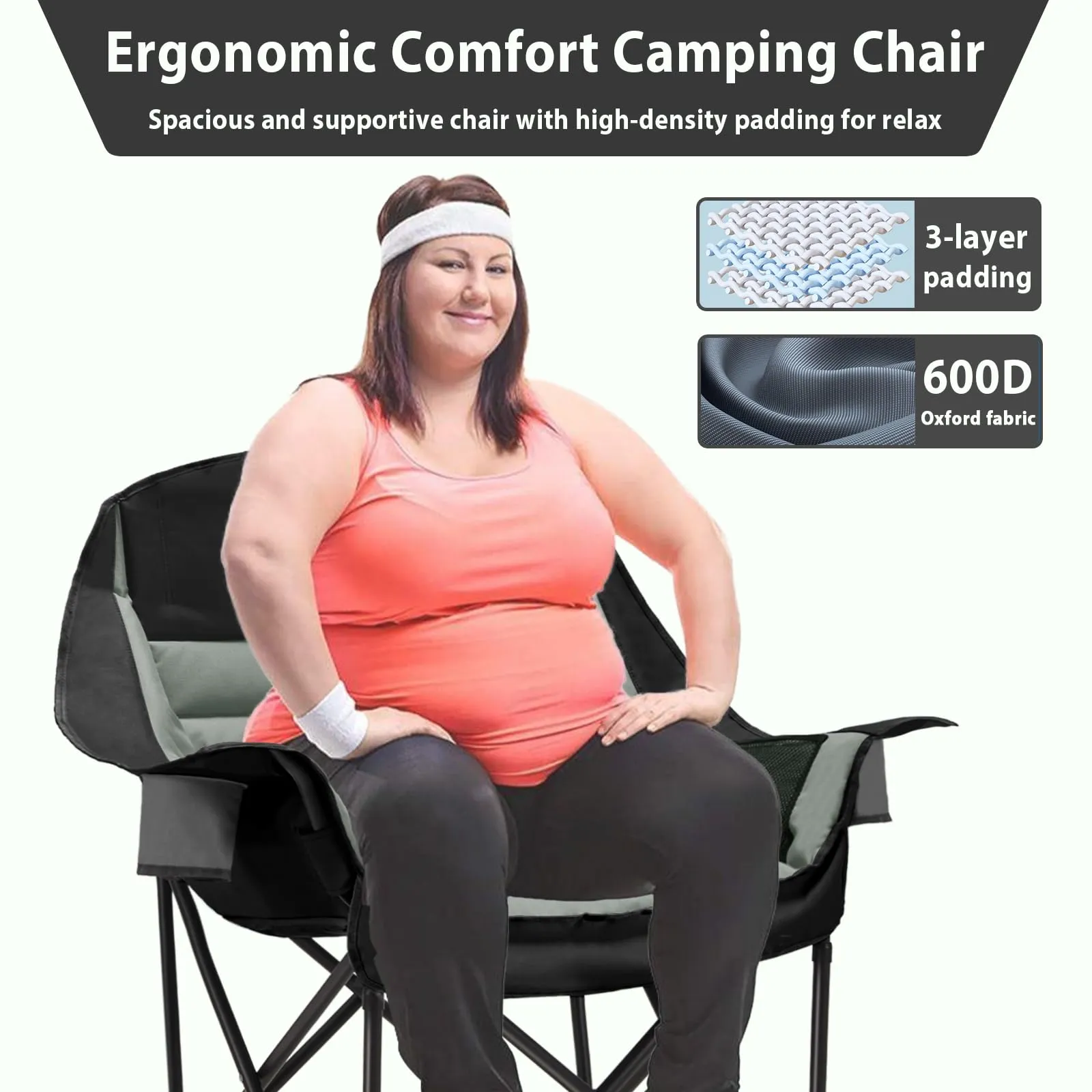Youtanic Oversized Camping Chair, Portable Folding Camping Chairs with Side Pocket, Cup Holder and Carry Bag, Heavy Duty Outdoor Camping Chairs for Adults, Fishing, Sports, Trip, up to 400lbs, Style 4