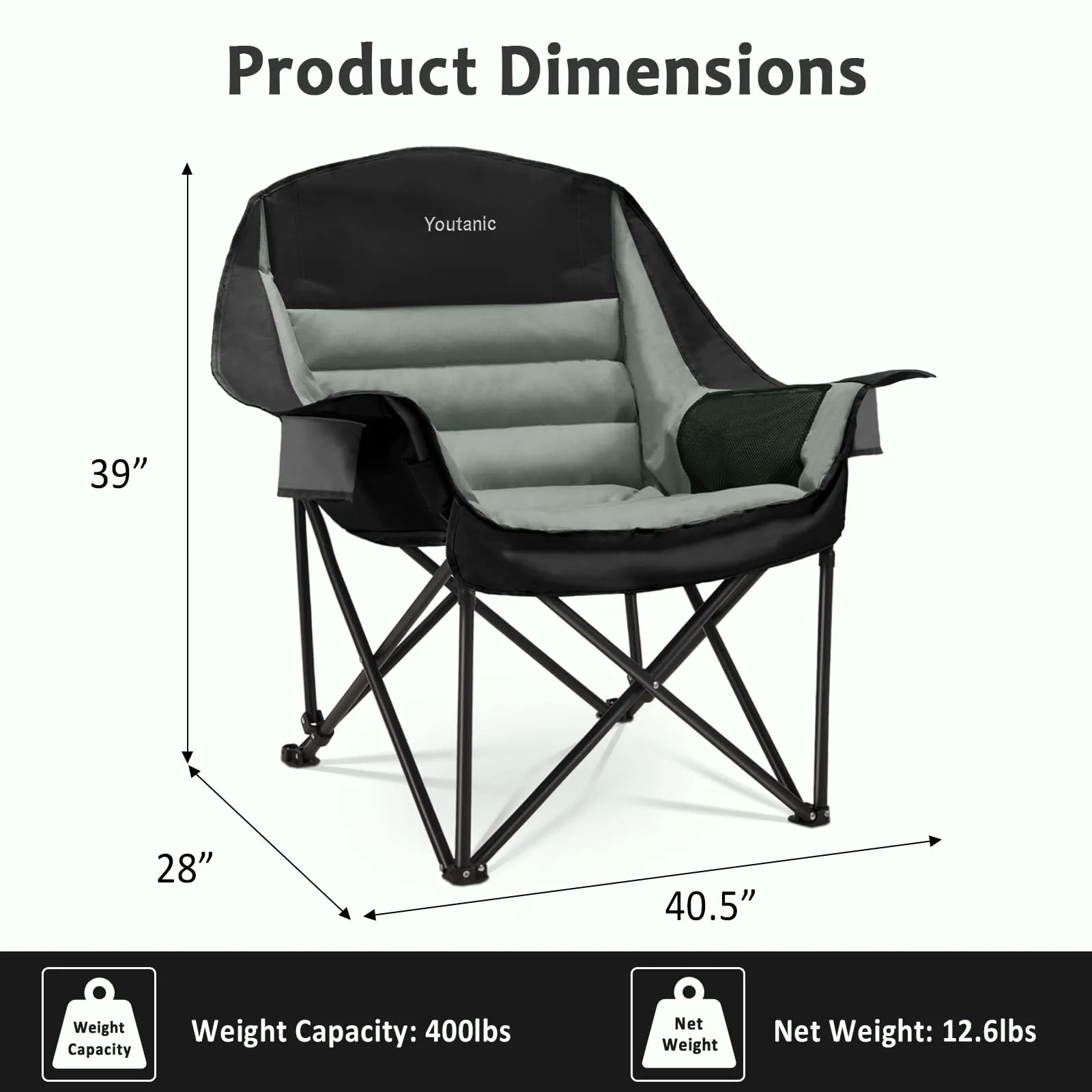 Youtanic Oversized Camping Chair, Portable Folding Camping Chairs with Side Pocket, Cup Holder and Carry Bag, Heavy Duty Outdoor Camping Chairs for Adults, Fishing, Sports, Trip, up to 400lbs, Style 4