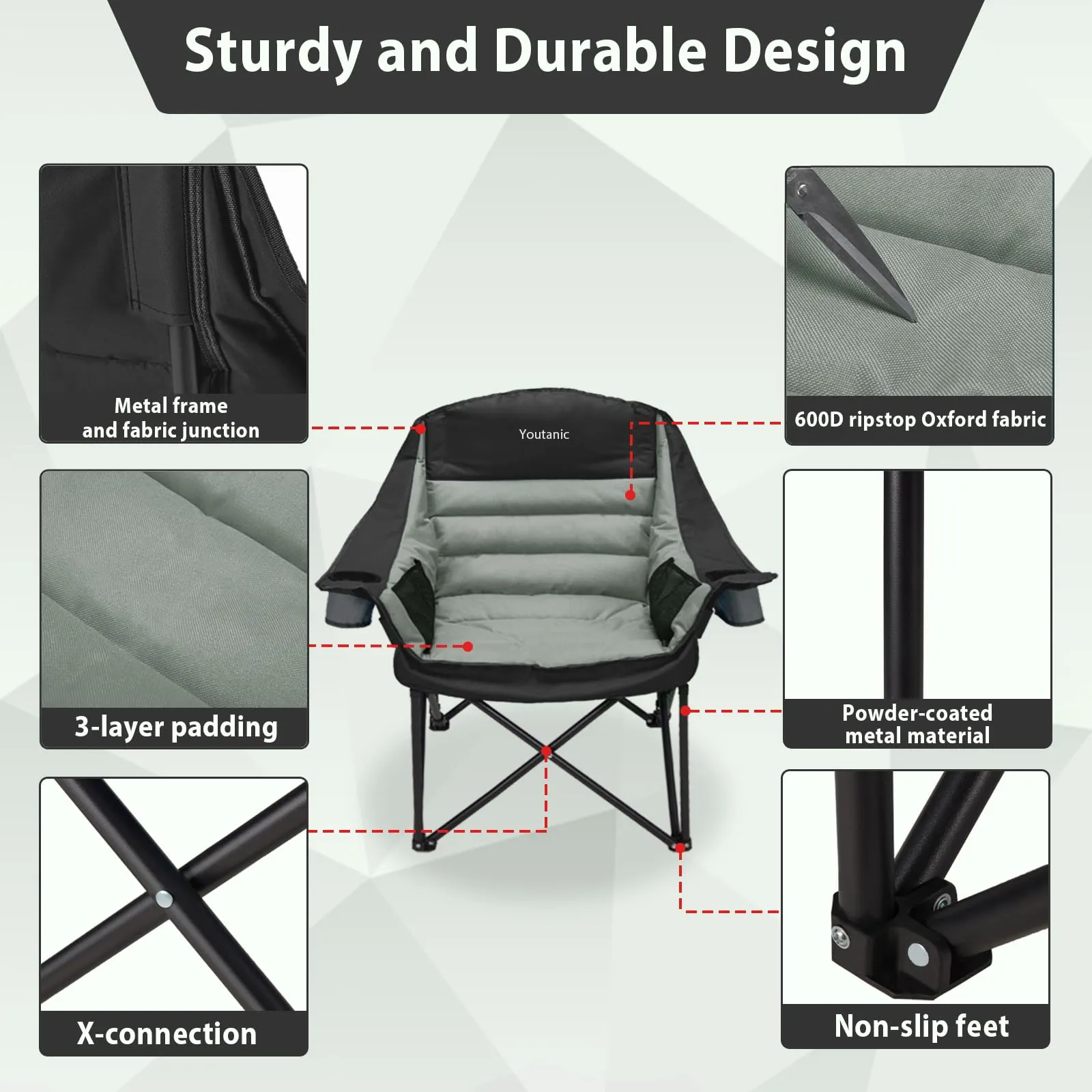 Youtanic Oversized Camping Chair, Portable Folding Camping Chairs with Side Pocket, Cup Holder and Carry Bag, Heavy Duty Outdoor Camping Chairs for Adults, Fishing, Sports, Trip, up to 400lbs, Style 4